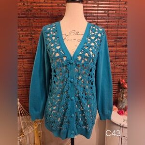 Jessica London Teal Crochet-Front Button Cardigan